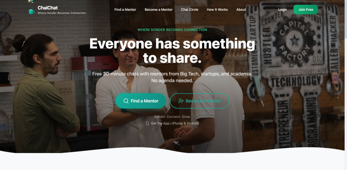 ChaiChat homepage with mentor discovery and mentor registration actions