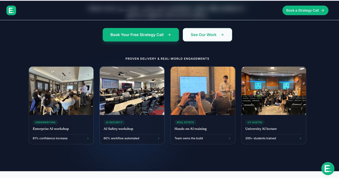 EDRON AI website with workshop and training case studies